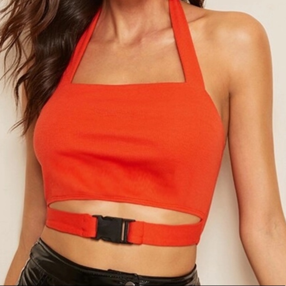 Neon Orange Cutout Push Buckle Front Crop Top